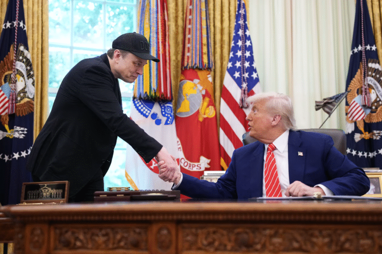 Elon Musk and Donald Trump in the Oval Office late last month. Photo: Kevin Dietsch/Getty Images